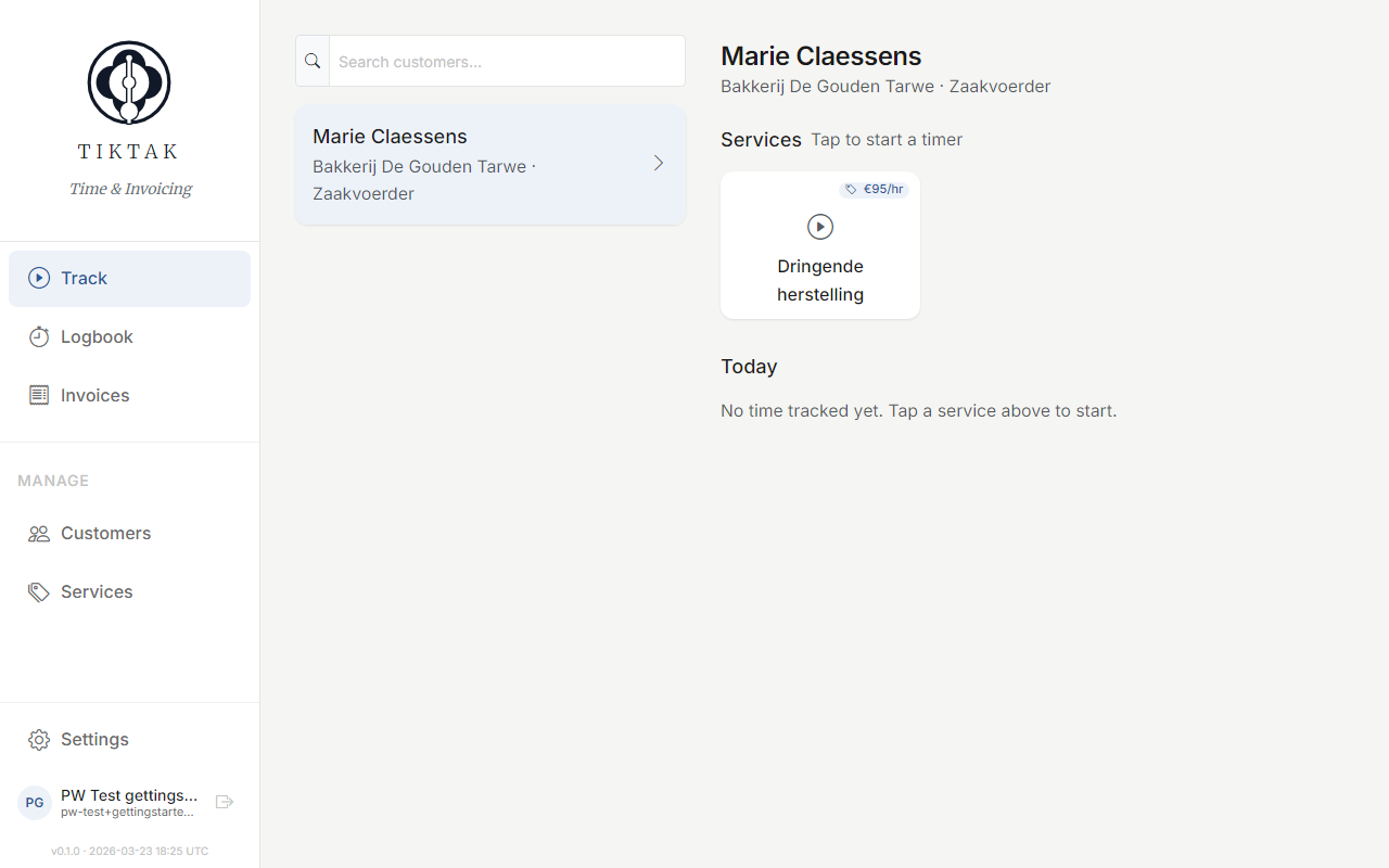 Track screen with customer selected showing service cards and today's entries