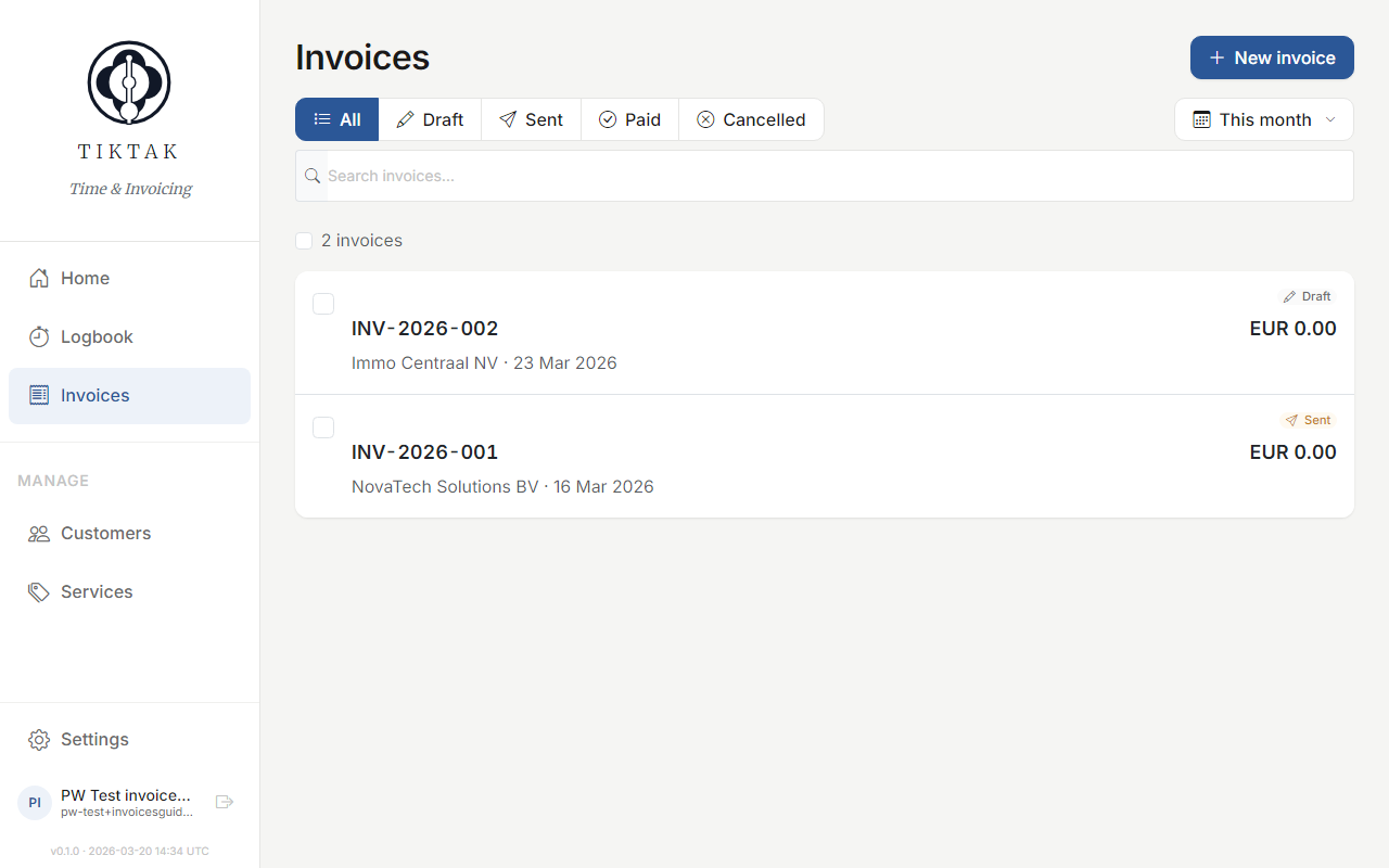 Invoice list with status badges