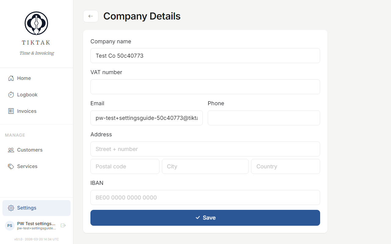 Company settings page