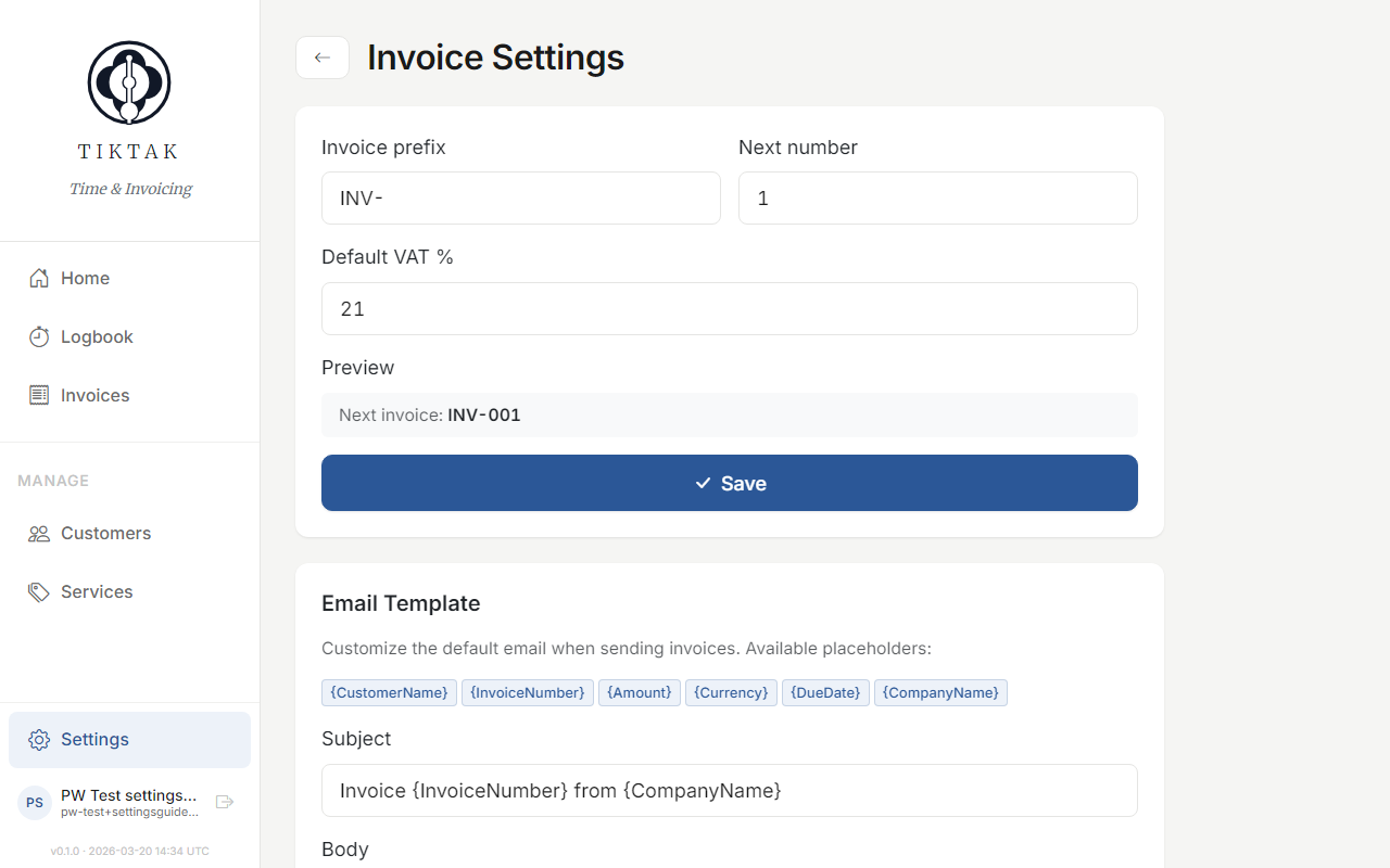 Invoice settings — numbering and defaults