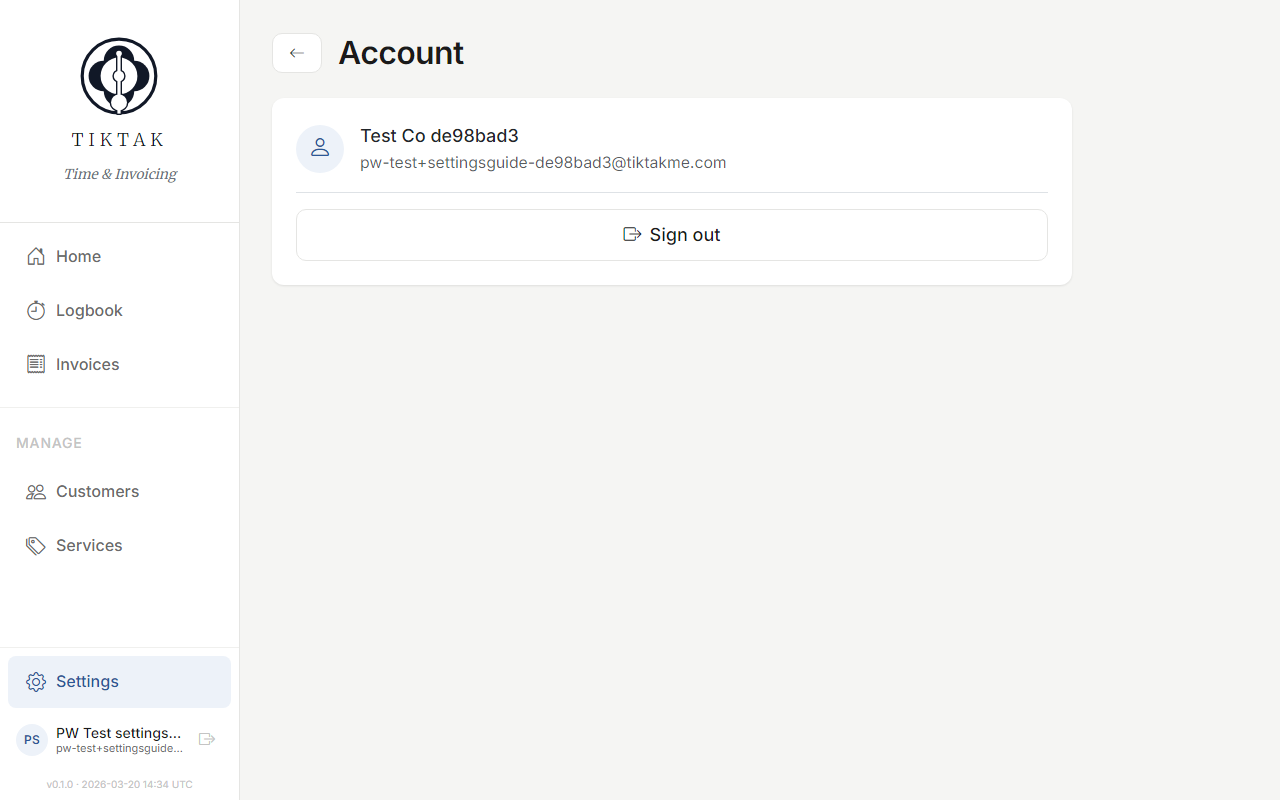 Account settings page