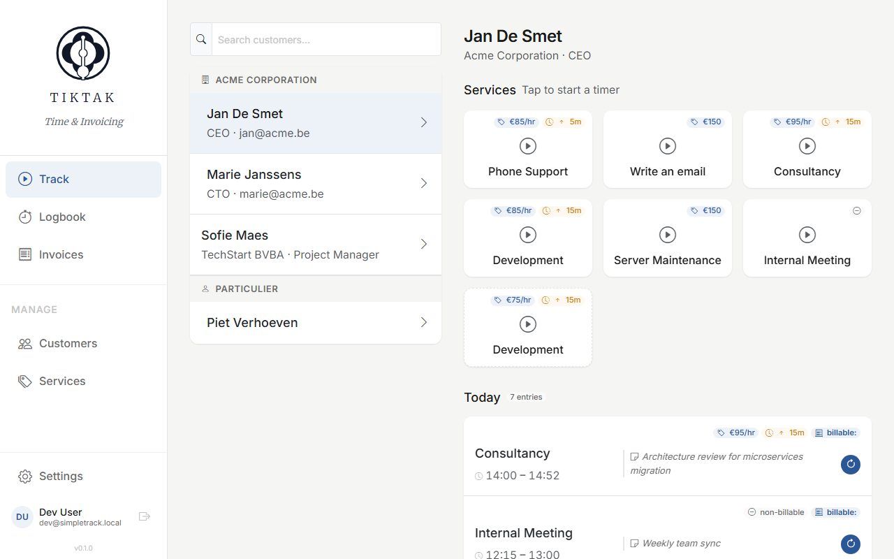 Track screen with customer selected showing service cards and today's entries with pill-styled badges