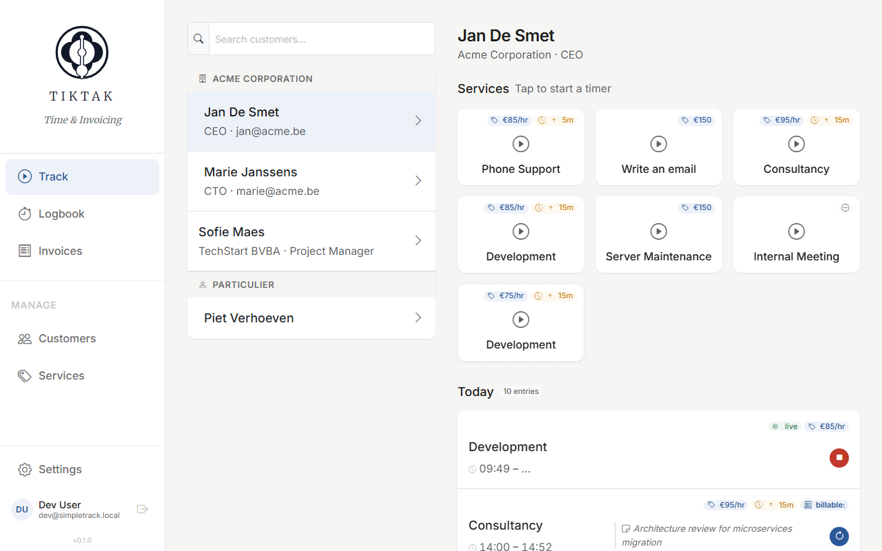 Today's time entries showing completed entries with rate and billable duration pills and continue buttons