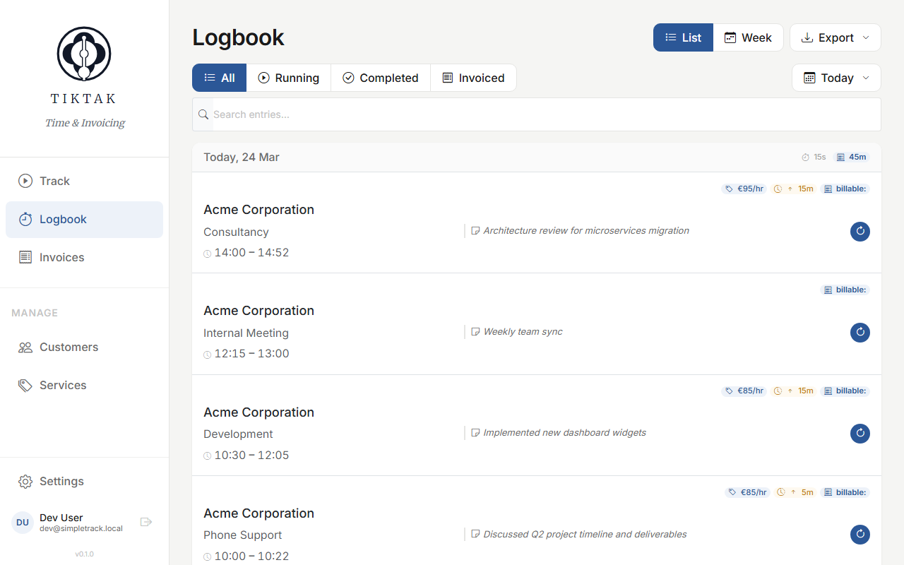 Logbook showing time entries grouped by date with filter buttons, list/week toggle, and export options