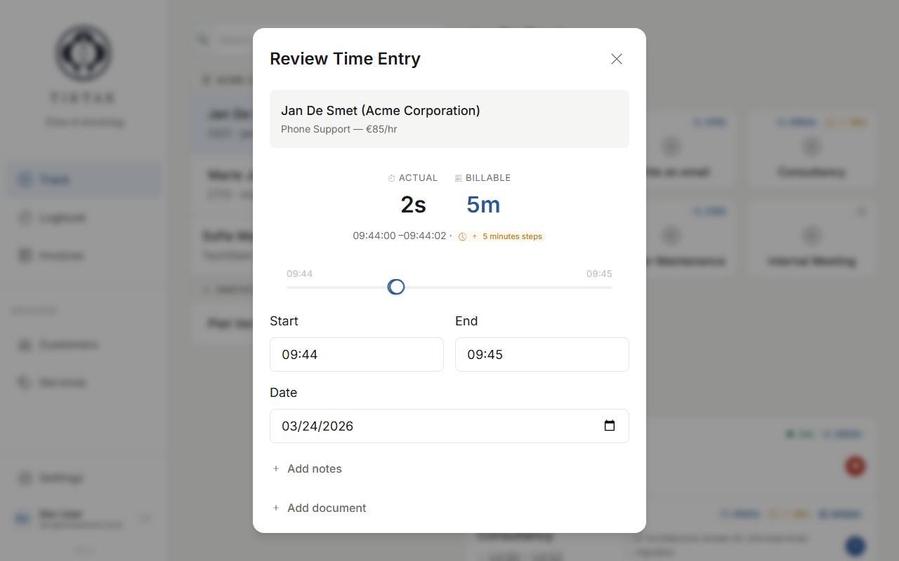 Review Time Entry form in manual mode showing start/end time inputs, date picker, and time slider